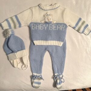 Vintage 3pc Set Baby Bear Crocheted Outfit Hat Sweater Pants 6-9 mo boy blue